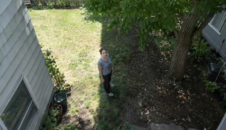 a person standing in a small backyard that is half in sunlight and half in shade