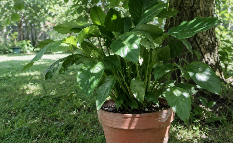 a potted plant standing in dappled light under a tree