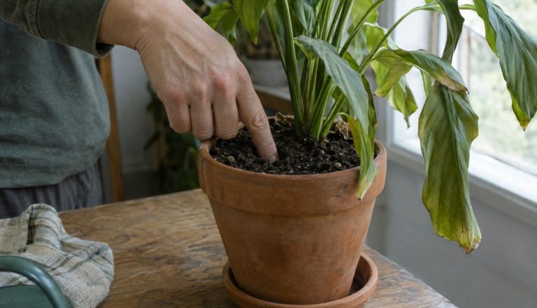 a hand pressing a finger into the potting soil of a drooping houseplant on a table
