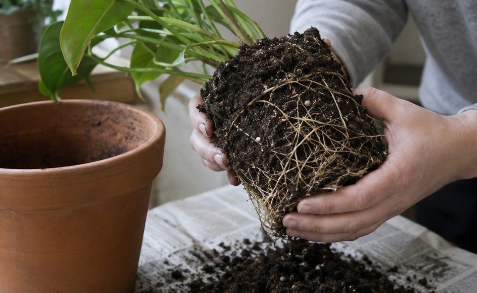 a plant lifted out of its pot showing the root ball and dark wet soil