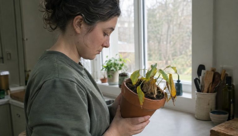 a person seen from the side holding a small potted plant with yellowing leaves and looking down at the soil