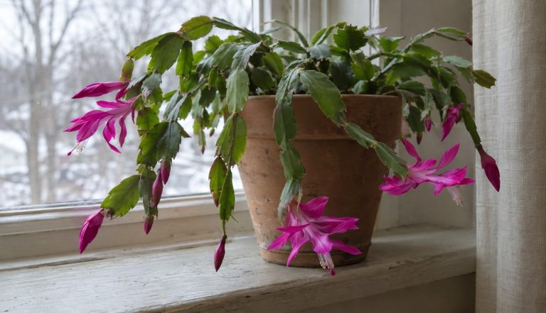 a Christmas cactus in flower in a clay pot on a cool bedroom windowsill