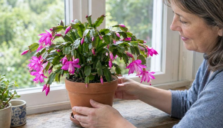 A Christmas cactus in full bloom on a bright windowsill