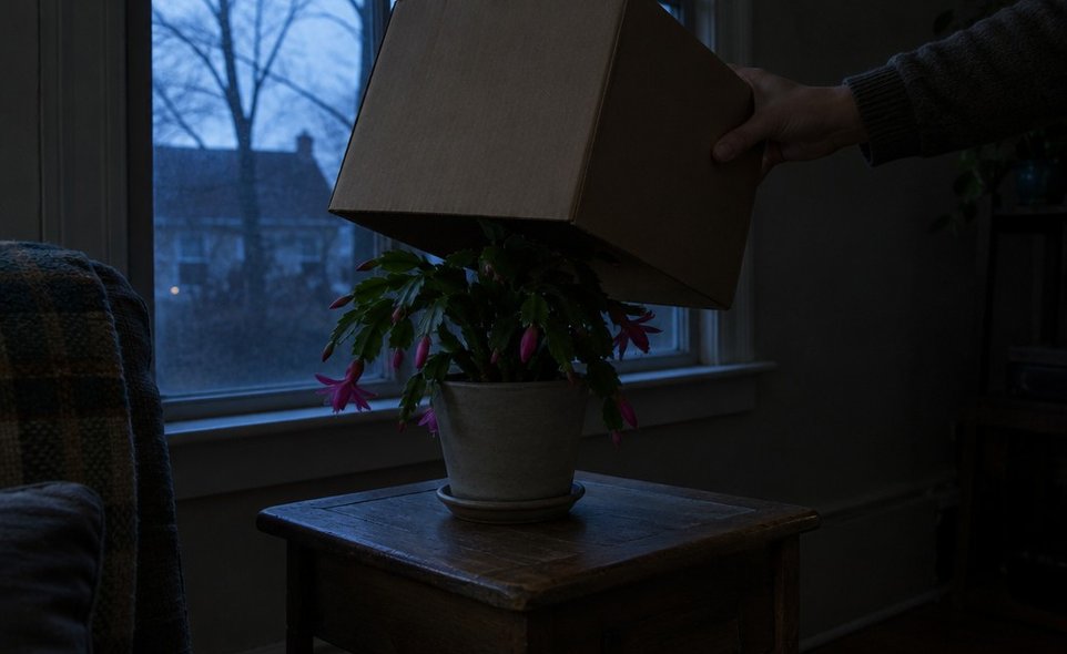 a hand lowering a cardboard box over a holiday cactus on a table in the evening