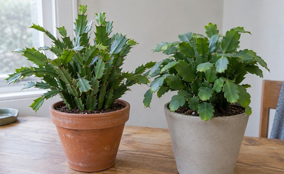 close view of flat jointed holiday cactus stem segments, some with pointed teeth and some rounded