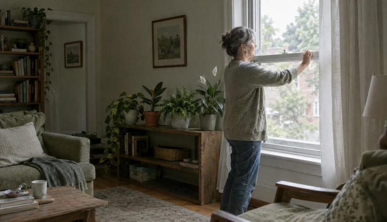 a woman opening a living room window beside a shelf of houseplants