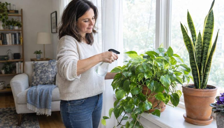 A woman tending healthy houseplants by a sunny window in a bright living room