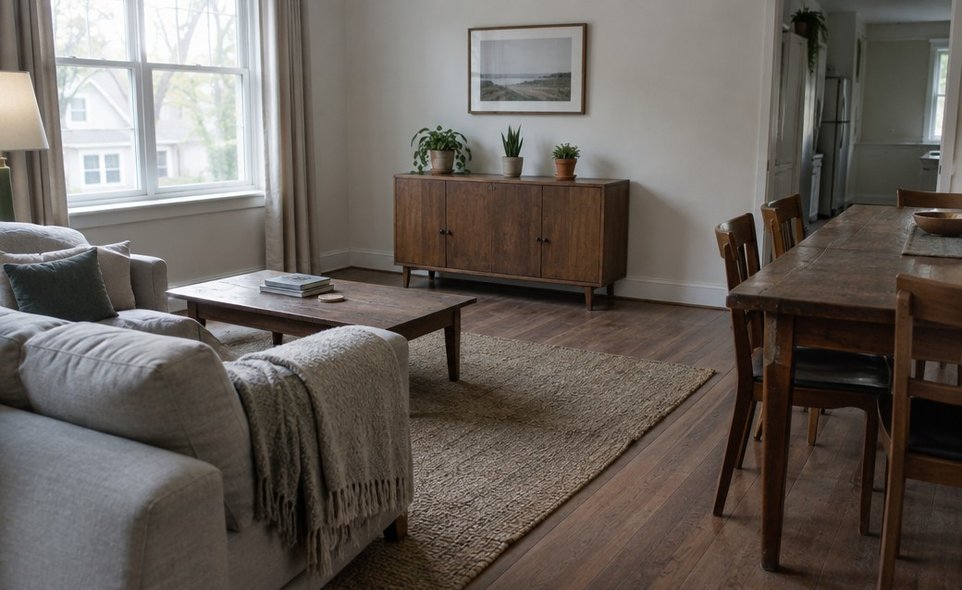 a few houseplants in plain pots on a sideboard in a large open living room