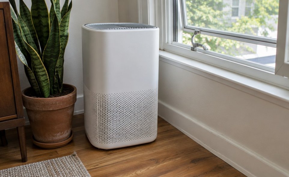 a portable air purifier on the floor near a window and a potted plant