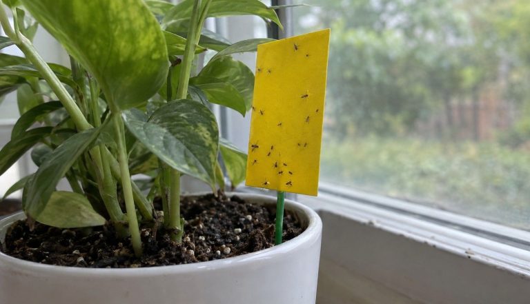 a yellow sticky trap on a stake in a houseplant pot on a kitchen windowsill