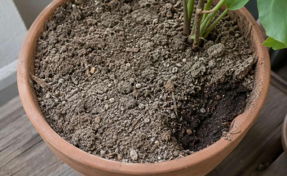 the dry pale top layer of potting soil in a houseplant pot