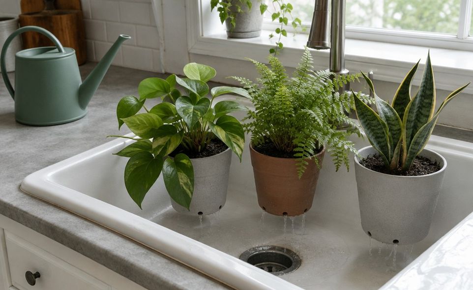 several houseplants standing in a sink with their pots draining after watering