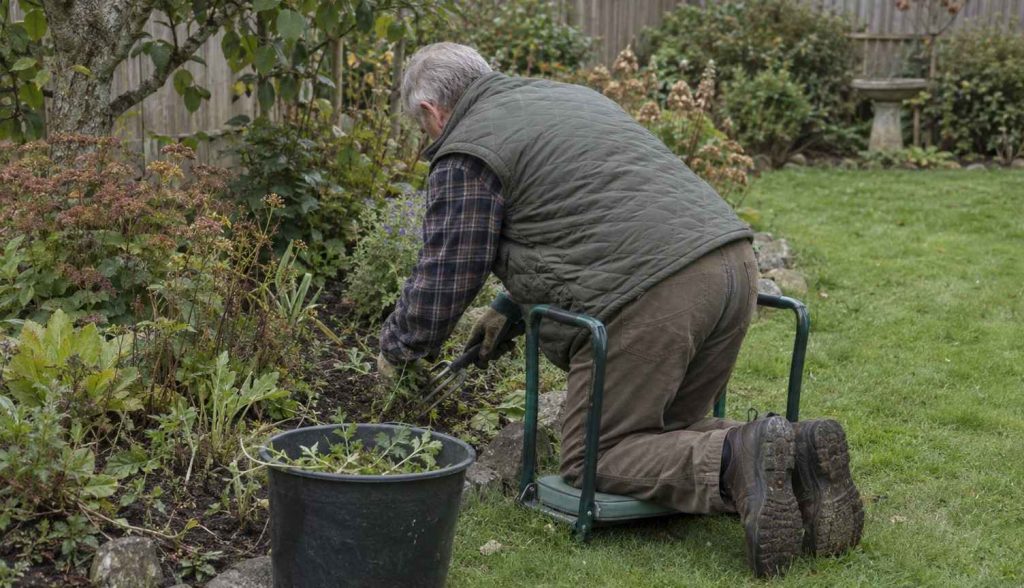 a man kneeling on a padded garden kneeler with side handles, weeding a flower border
