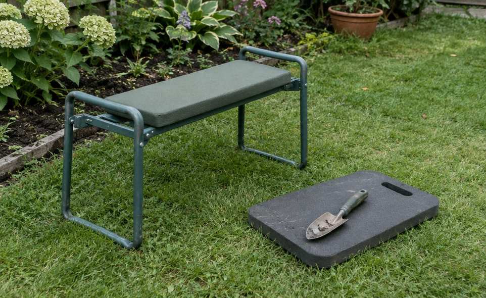a folding garden kneeler turned over as a low seat beside a flat foam kneeling pad on a lawn