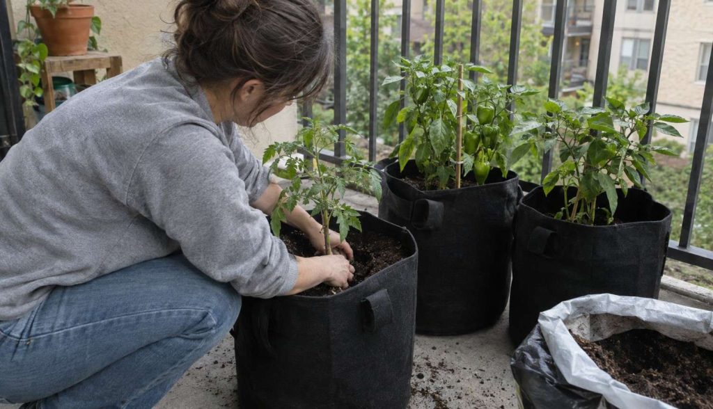 a person on a balcony planting a tomato seedling into a black fabric grow bag, other bags beside it