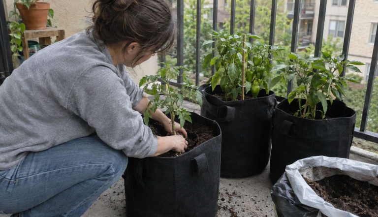 a person on a balcony planting a tomato seedling into a black fabric grow bag, other bags beside it