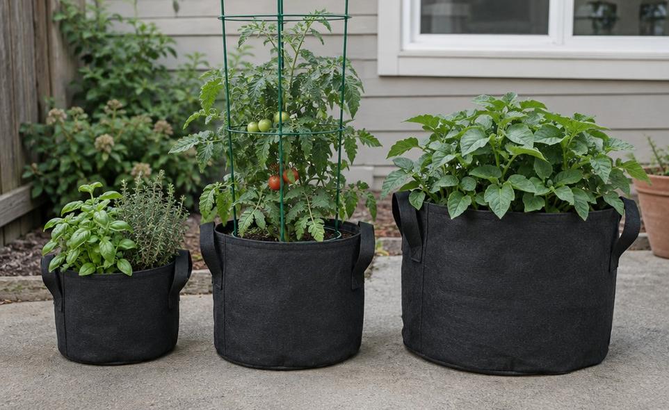 three round fabric grow bags of different sizes in a row on a patio