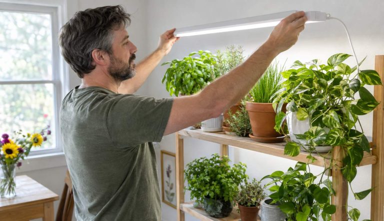 A man adjusting a white LED grow light over a shelf of healthy plants