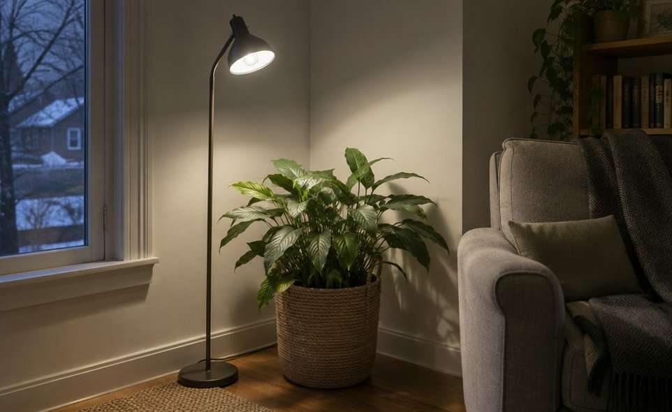 an ordinary floor lamp with a plant bulb lighting a leafy houseplant in a room corner