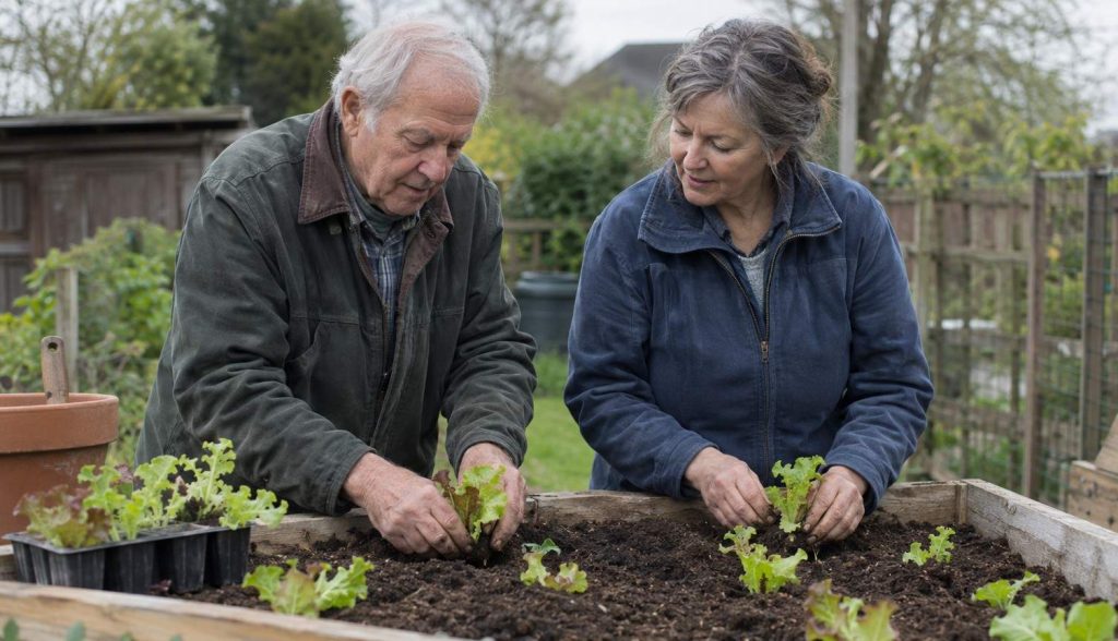 two older adults planting seedlings together at a waist-high raised bed in a community garden