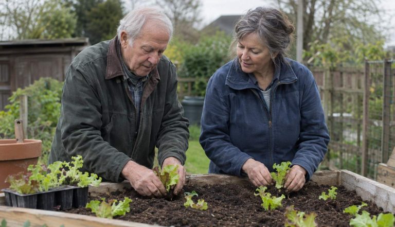 two older adults planting seedlings together at a waist-high raised bed in a community garden