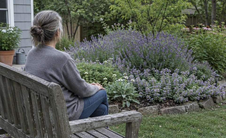 a person sitting on a garden bench, hands resting, looking at a bed of flowers