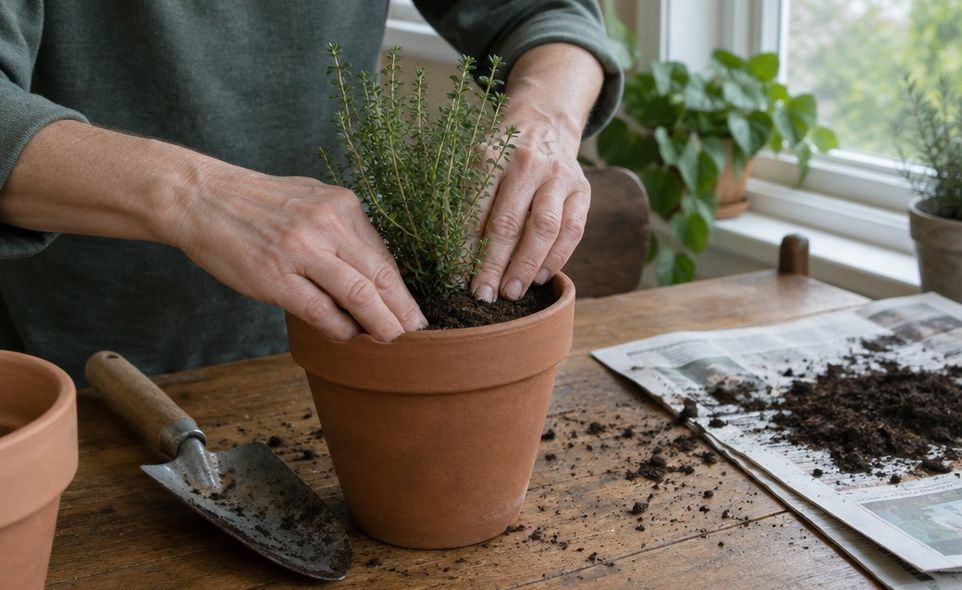 hands repotting a small herb at a kitchen table at home