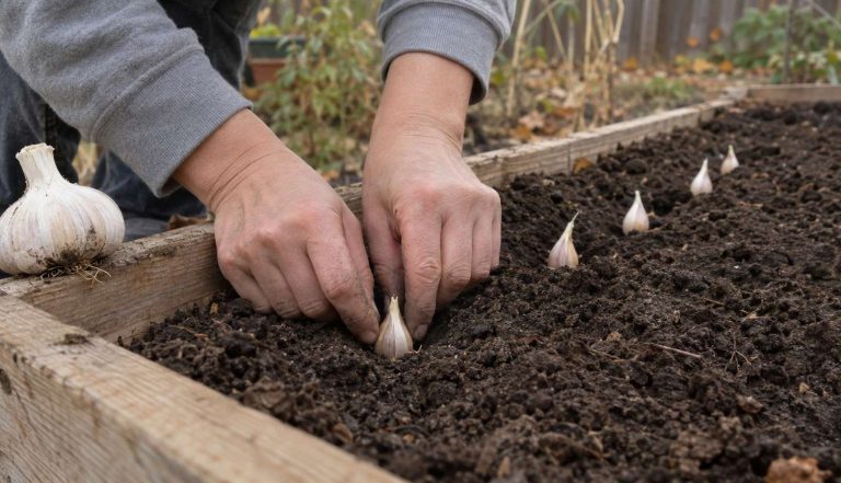 hands pushing a garlic clove pointed end up into the soil of a raised bed