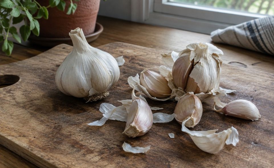 a garlic bulb broken apart into separate cloves on a wooden board