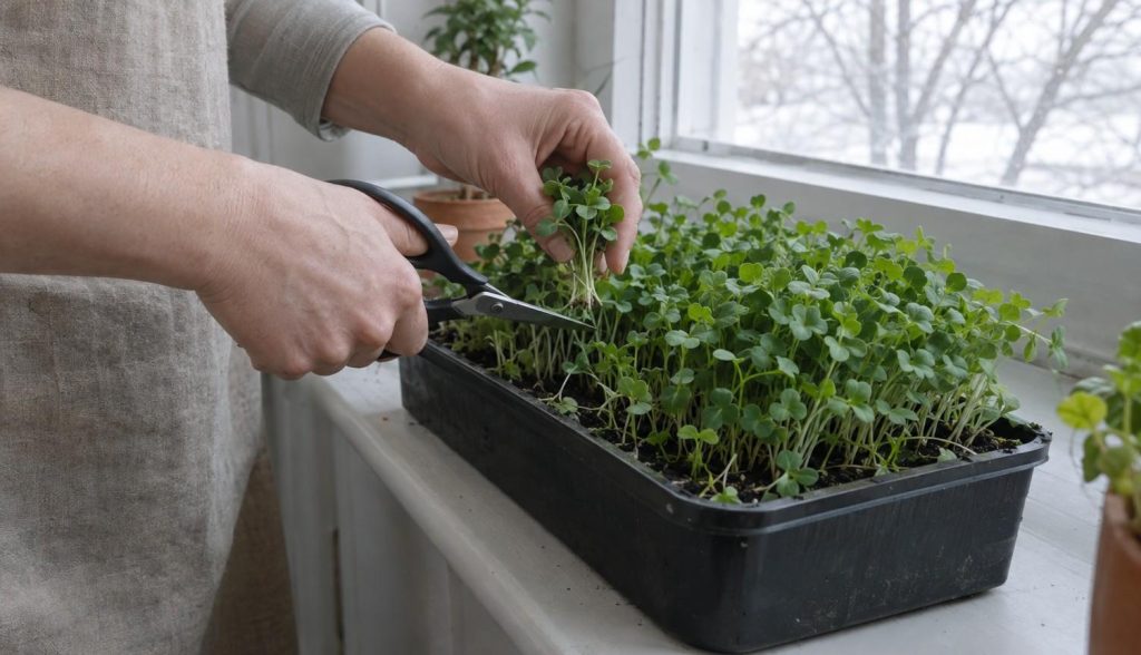 hands cutting a handful of microgreens from a shallow tray on a kitchen windowsill