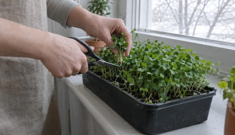 hands cutting a handful of microgreens from a shallow tray on a kitchen windowsill