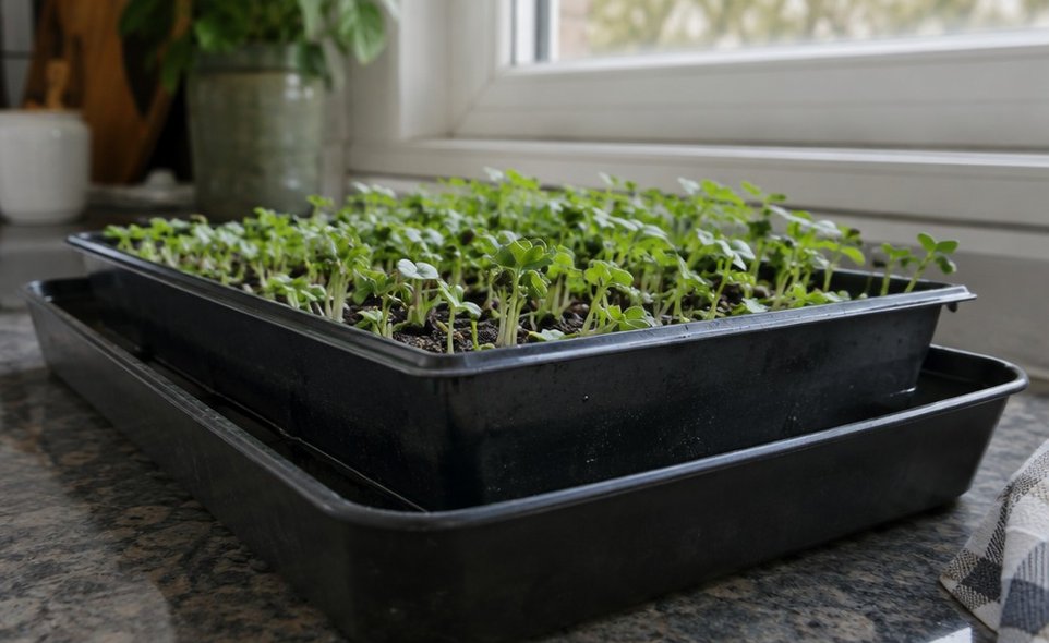 a tray of young microgreens standing in a shallow tray of water to drink from below
