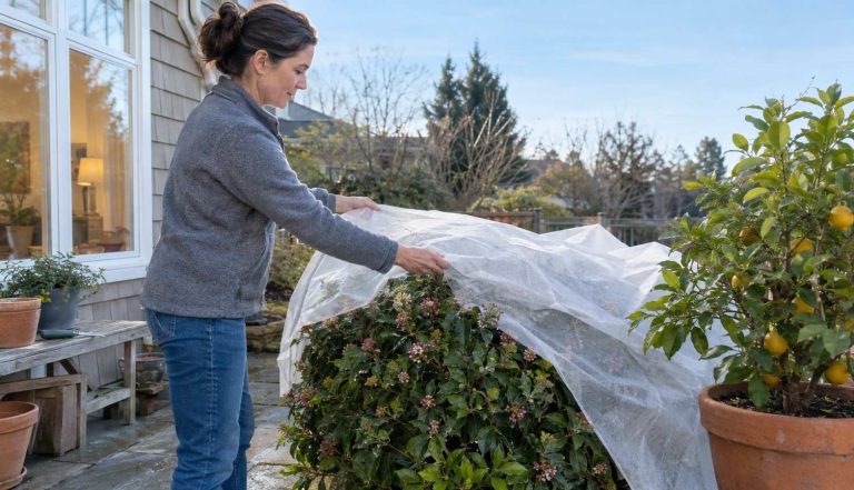 A woman covering a shrub and a potted citrus with a frost blanket on a clear evening