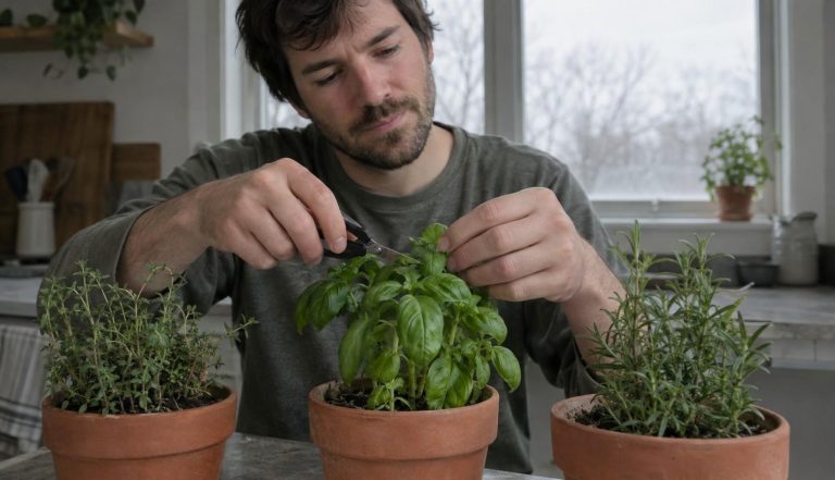 a man snipping basil from a pot on his kitchen counter on a grey winter day