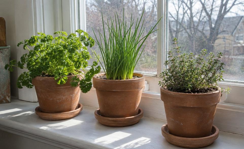 parsley, chives and thyme in separate pots on a bright south-facing windowsill