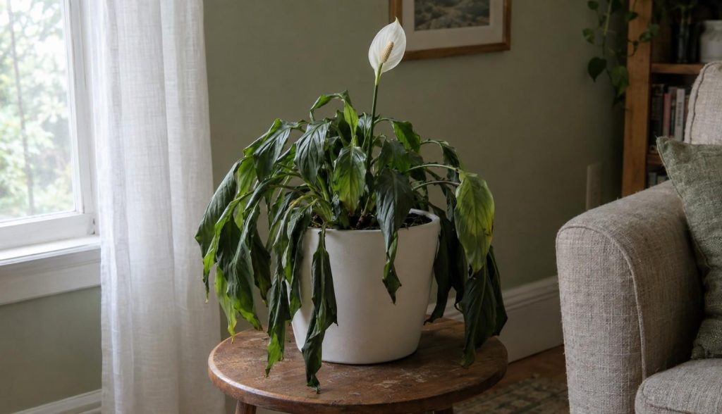 a drooping peace lily in a plain pot on a side table beside a window with a sheer curtain