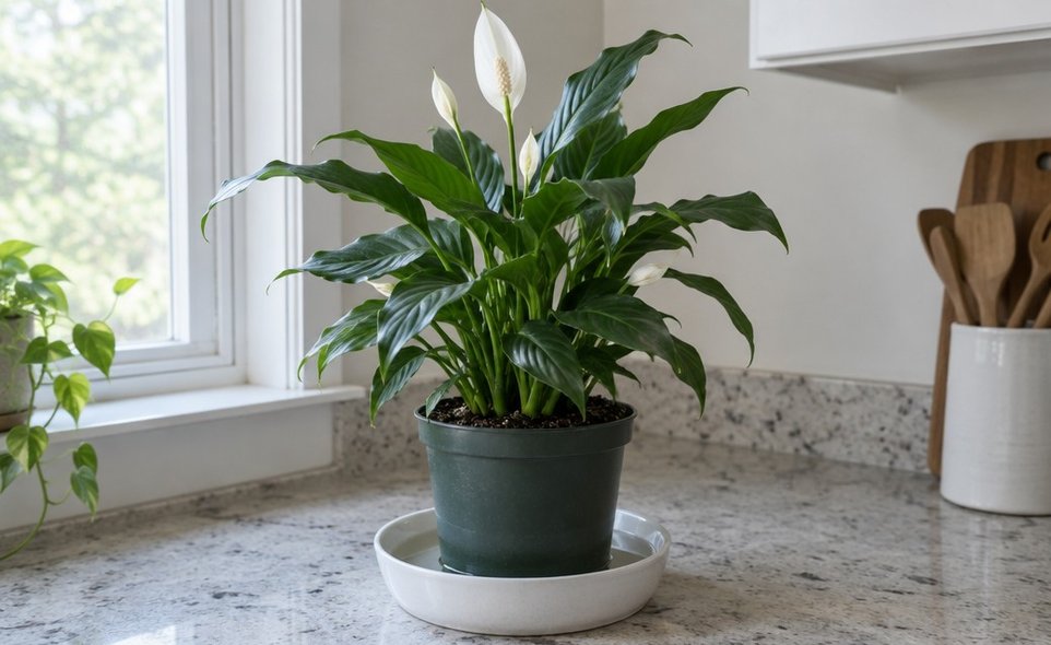a peace lily pot standing in a shallow dish of water on a kitchen counter