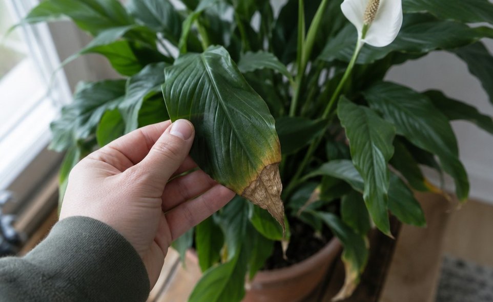 a peace lily leaf with a brown dry tip, held between two fingers