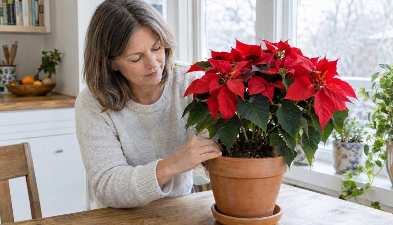 A woman checking the soil of a red poinsettia on a bright kitchen table