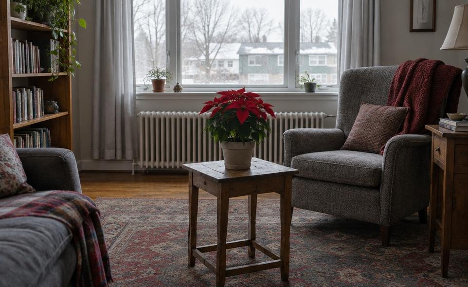 a poinsettia on a side table away from a radiator and a cold window