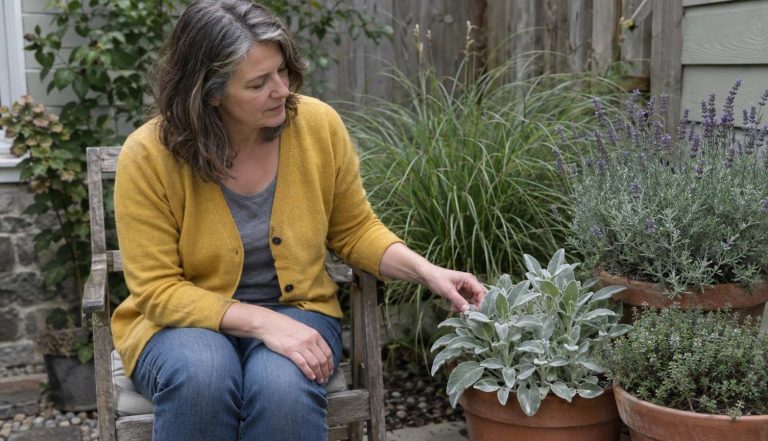 a woman sitting beside pots of lavender and lamb's ear, touching a soft grey leaf