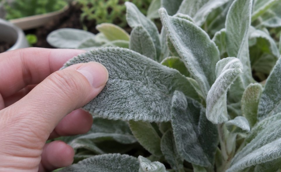 fingers rubbing the fuzzy grey leaf of a lamb's ear plant