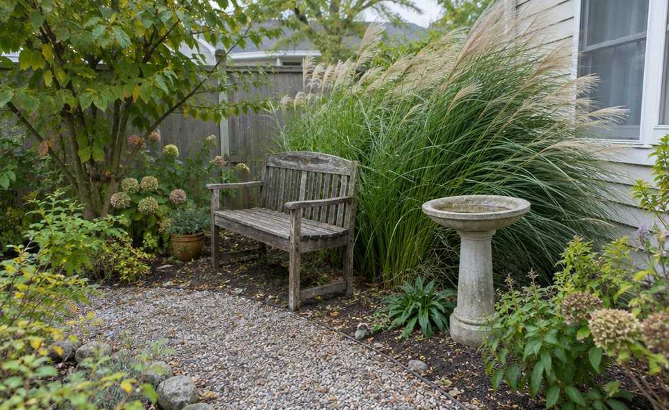 a small wooden bench beside ornamental grass and a bird bath in a garden corner