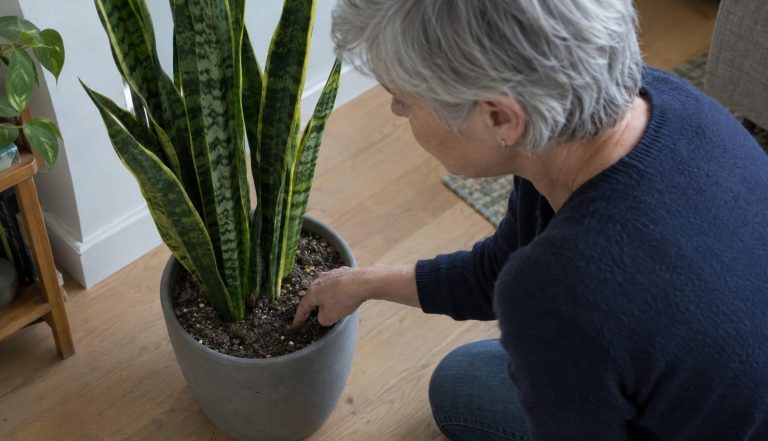 a woman kneeling by a tall snake plant, pressing a finger into its dry soil