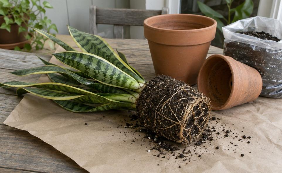 a snake plant lifted out of its pot showing a crowded mass of roots