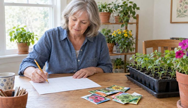 A woman marking planting dates on a calendar beside a tray of seedlings