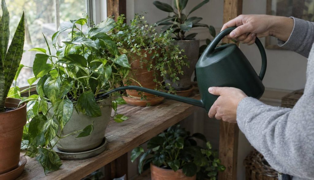 hands watering a houseplant on a shelf with a long-spout watering can