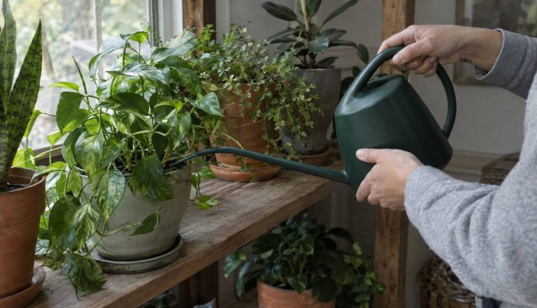 hands watering a houseplant on a shelf with a long-spout watering can
