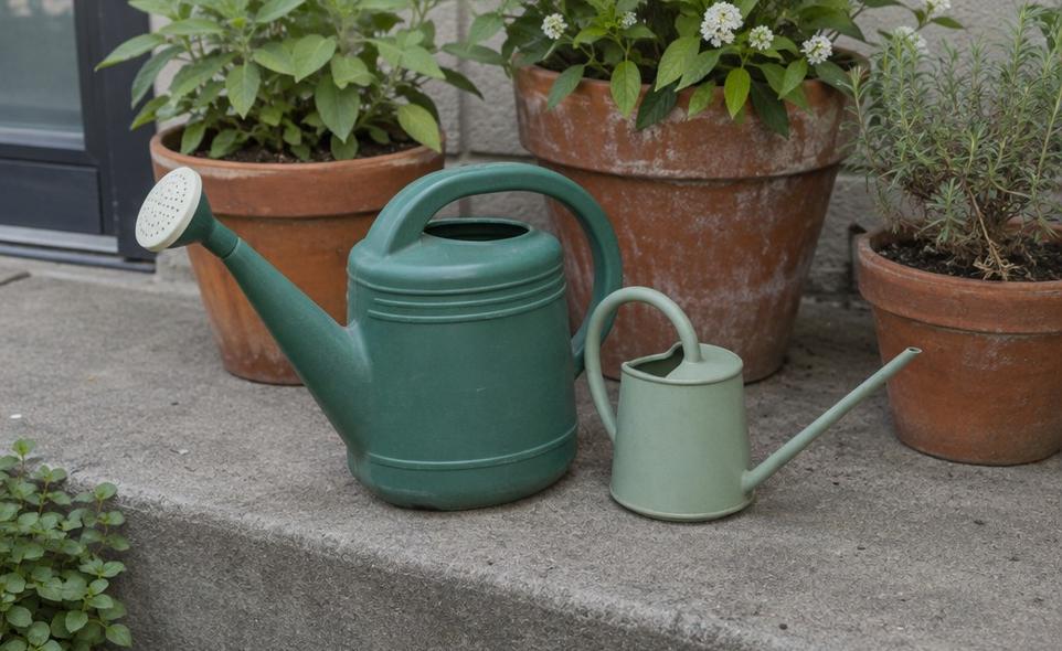 a two-gallon plastic watering can and a smaller indoor can on a patio step