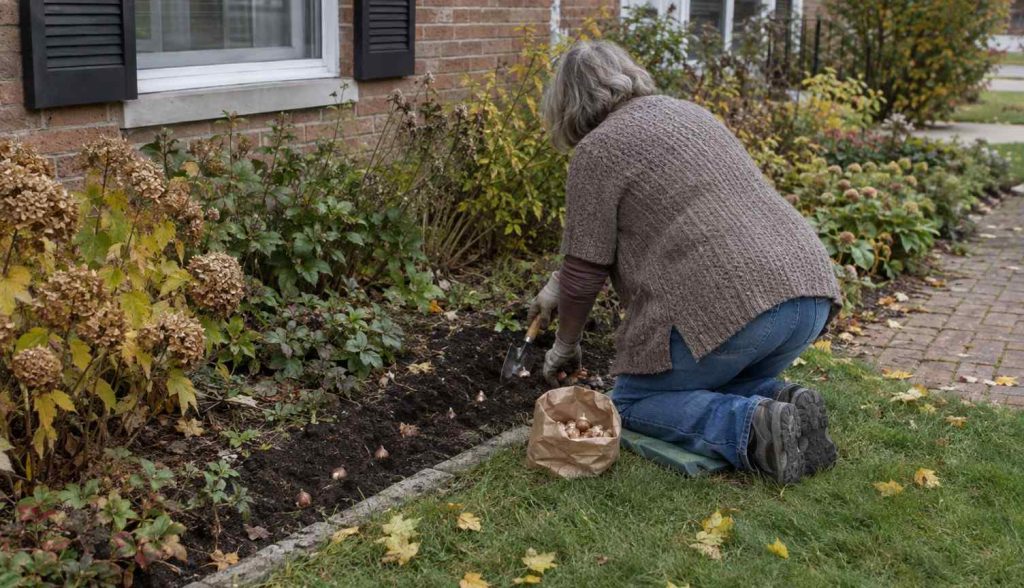 a woman kneeling at a front-yard flower border planting bulbs on a cool autumn day